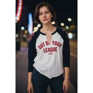 PINK VICTORIA SECRET MLB raglan t-shirt women M white navy graphic tee